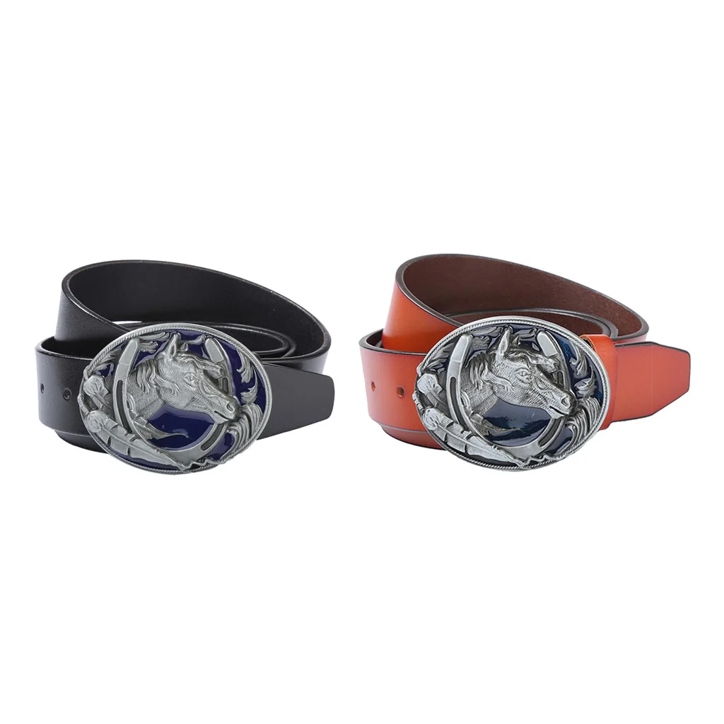 Men Western Leather Belt Rodeo Gothic Horse Head Belt Buckle Jeans Accessory