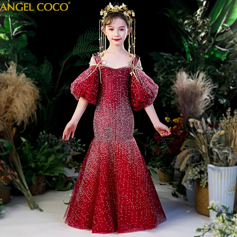 

vestidos rojos Mermaid Children's Evening Dresses For Girl New Year Costume Catwalk Model Stage valentines day kids Clothing