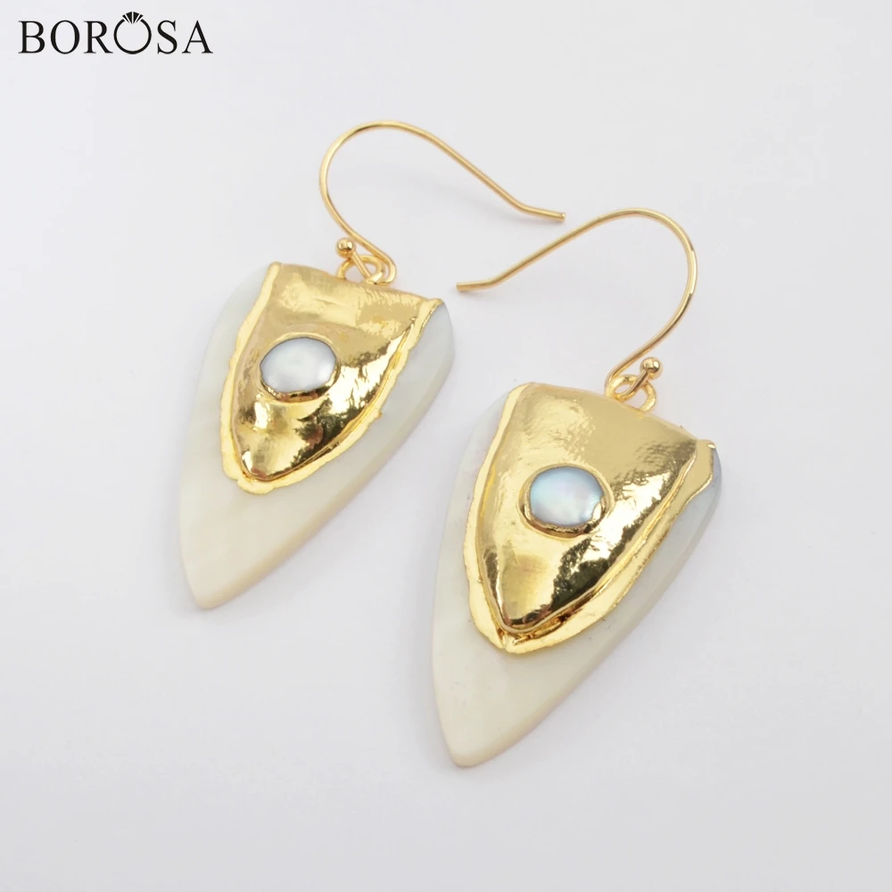 

BOROSA 5Pairs Gold Plating Natural White Shell & Pearl Earring Mother of Pearl Shell Drop Earring Jewelry Factory Outlet G1916-E