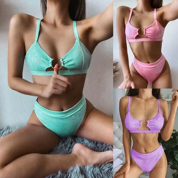 

Sexy Women Solid Buckle Bikini Set High Waist Femme Push-Up Padded Swimwear Mujer Swimsuit Set Sexy Bikini