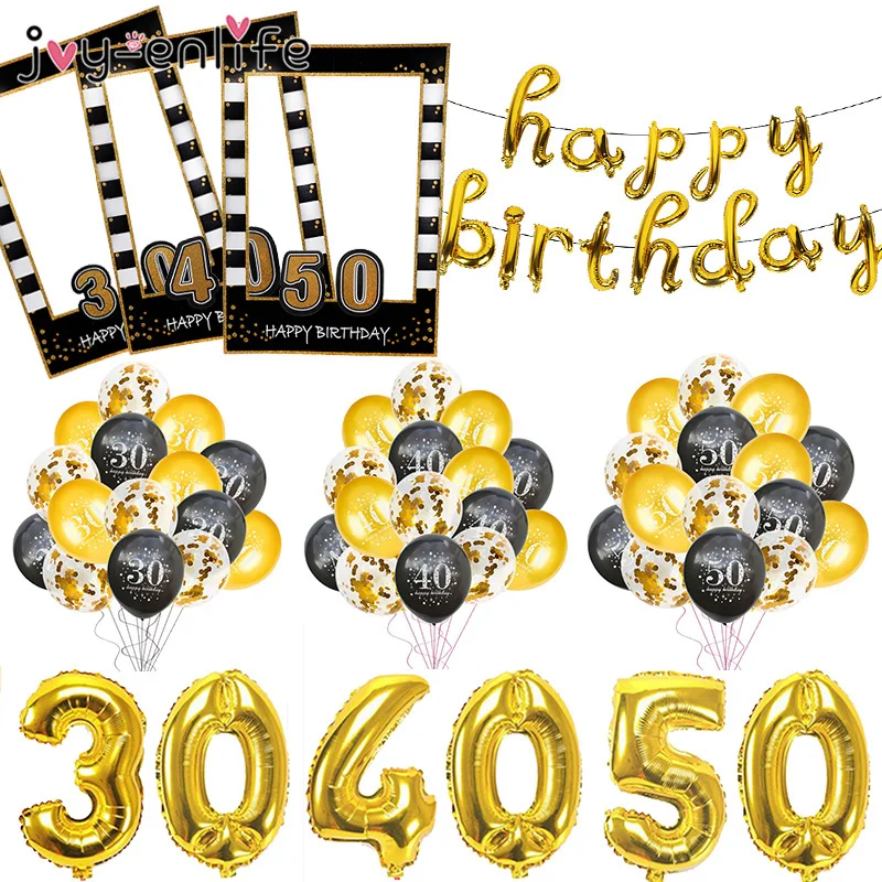 Globos de aniversario para adultos, decoración de fiesta con diseño de feliz cumpleaños, 30, 40, 50 y 60 años, color dorado y negro, accesorios de fotomatón para fiesta