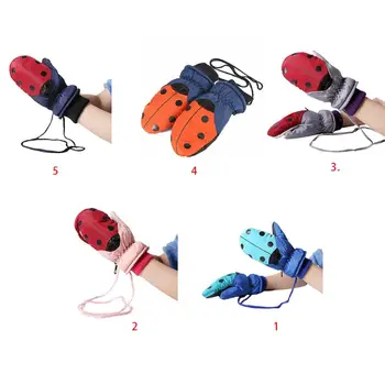 

Toddler Kids Cute Ladybird Dot Print Winter Gloves with String Thicken Plush Lined Contrast Color Snow Ski Outdoor Warm Mittens