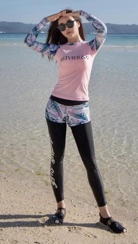 Пляжная одежда, рубашка для серфинга, женский купальник, рашгарды, для плавания, короткие штаны, для женщин, защита от солнца, раздельная, четыре части, длинный рукав - Цвет: see chart