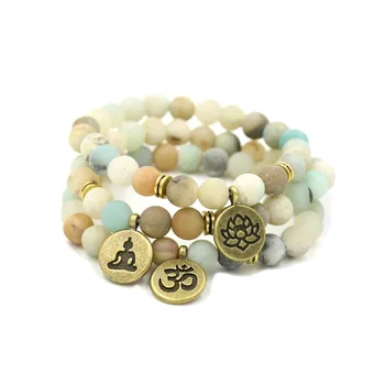 

3 pcs/set Women`s bracelet Matte Frosted Amazonite beads Mix Lotus OM Buddha Charm Yoga Bracelet Mala Meditation Jewelry