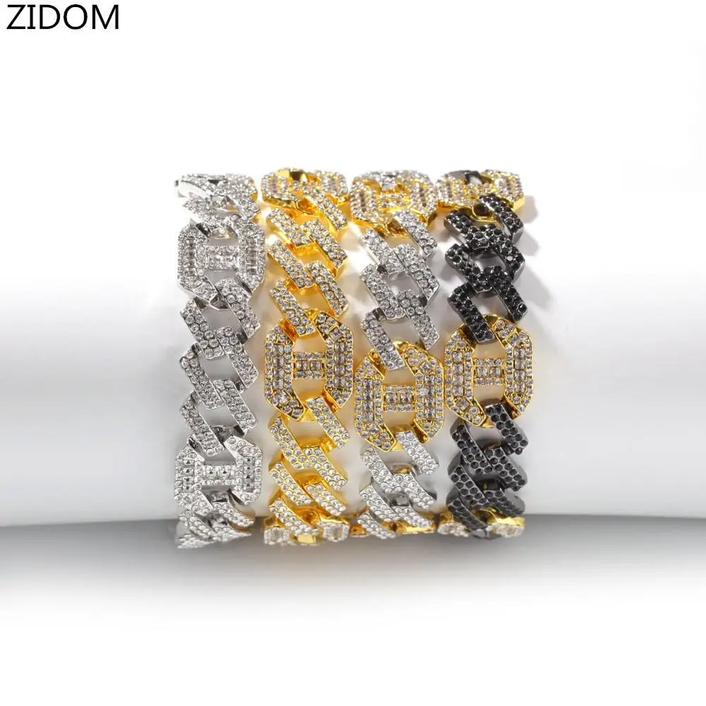 Для мужчин в стиле «хип-хоп» цепи из нержавеющей стали браслет вымощенный набор Стразы 17 мм в стиле "хип-хоп" кубинская цепь браслеты ювелирные изделия Прямая