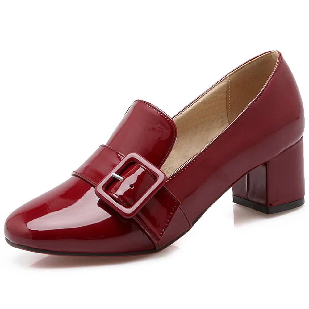 

RIBETRINI Brand Office Ladies 2020 Casual Shoes Woman Round Toe Square Toe Red High Heel Slip On Pumps Women Buckle Pumps