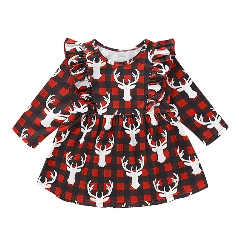 Baby Girl Christmas Dress Cartoon Elk Plaid Long Sleeve Ruffled Hundred Times Merry Party New Clothes | Детская одежда и обувь
