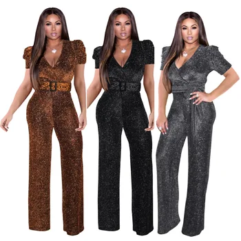 

Sexy Sequin Deep V-Neck Night Party Club Black Jumpsuits Women Casual Wide Leg Jumpsuits Rompers Overalls Outfits Summer