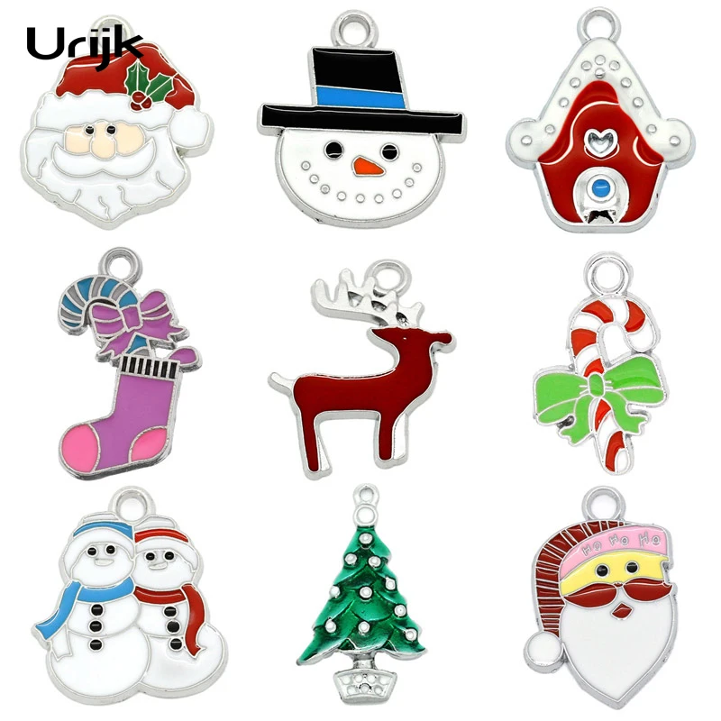 

10PCs Christmas Charm Pendants Enamel Christmas Candy Cane Silver Tone Stocking Shiny Christmas Tree Decoration Gift