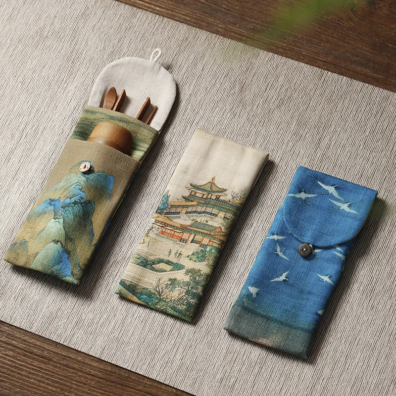대나무 차 3 조각 면화와 린넨 저장 가방 세트 쿵푸 차 세트 액세서리 가방 차 클립 여섯 신사 차 액세서리