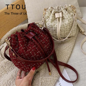 

bags for women 2019 leather bags women Retro Weave Wool Bucket Bag Crossbody Bag Chain Shoulder Bag Mini luxury bag Sac purse