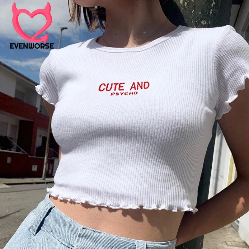 

Evenworse Embroidered Letter T-Shirt Fashion Street Recreation Lotus Leaf Edge Short Sleeve White Crop Tops Street Recreation