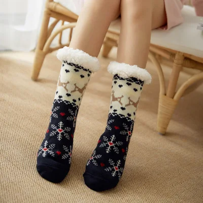 Женские мягкие шерстяные толстые трикотажные теплые приятные тапочки с шерпой носки рождественские носки - Цвет: Navy Deer