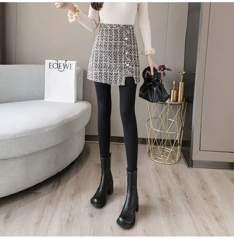 Autumn Winter Mini Tweed Skirt Women Elegant Plaid Skirts Ladies Fashion Korean High Waist Buttons Sexy Short Skirts Package Hip