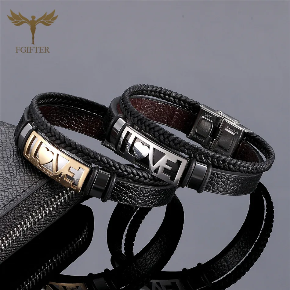 

Romantic LOVE Bracelets for Lovers Women Men Leather Bracelet Multi-layer Weave Leather Stainless Steel Cuff Bangle Jewelry