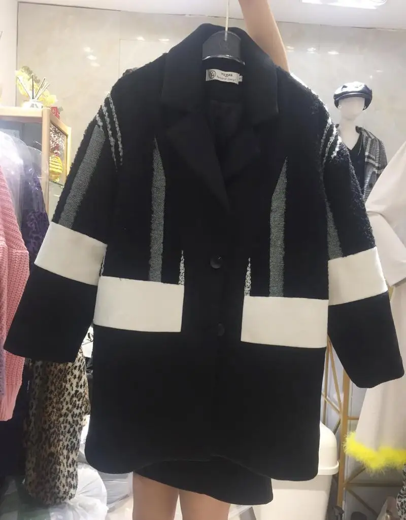 Getвесеннее Женское шерстяное пальто с длинным рукавом в стиле пэчворк Зимняя шерстяная куртка однобортная черная верхняя одежда Свободное длинное зимнее пальто - Цвет: black