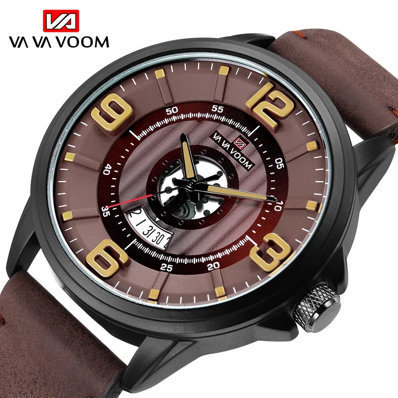 

VA VA VOOM NEW Top Brand Watch Men Outdoor Sport Quartz Watches Male Date Wristwatch Leather Strap Men's Watch erkek kol saati