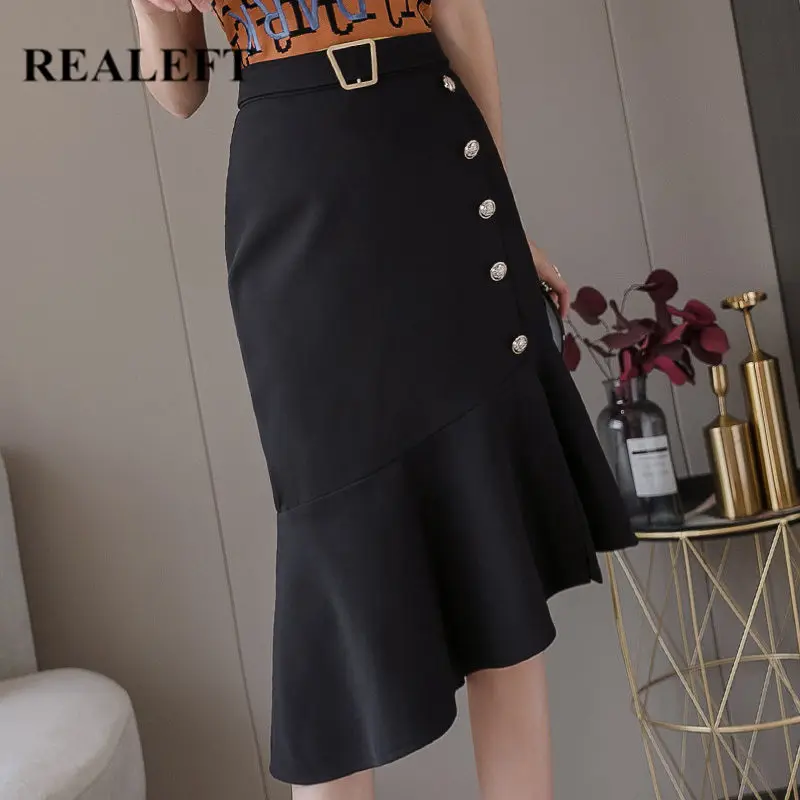 REALEFT 2020 New Spring Summer Work Wear Sheath Wrap Midi Skirts Single Breasted Elegant Korean OL Style Ruffles Pencil | Женская одежда