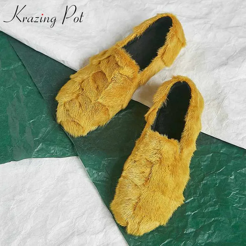

Krazing Pot new fashion sweet colorful fur flat platform leisure round toe low heels winter keep warm slip on women shoes L51