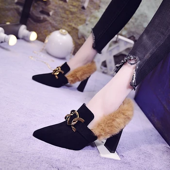 

Rabbit Fur Pumps Women Shoes Sexy High Heels 7cm Block Heel Black Fashion Flock Plush Shoes Ladies Office Spring Winter Shoes