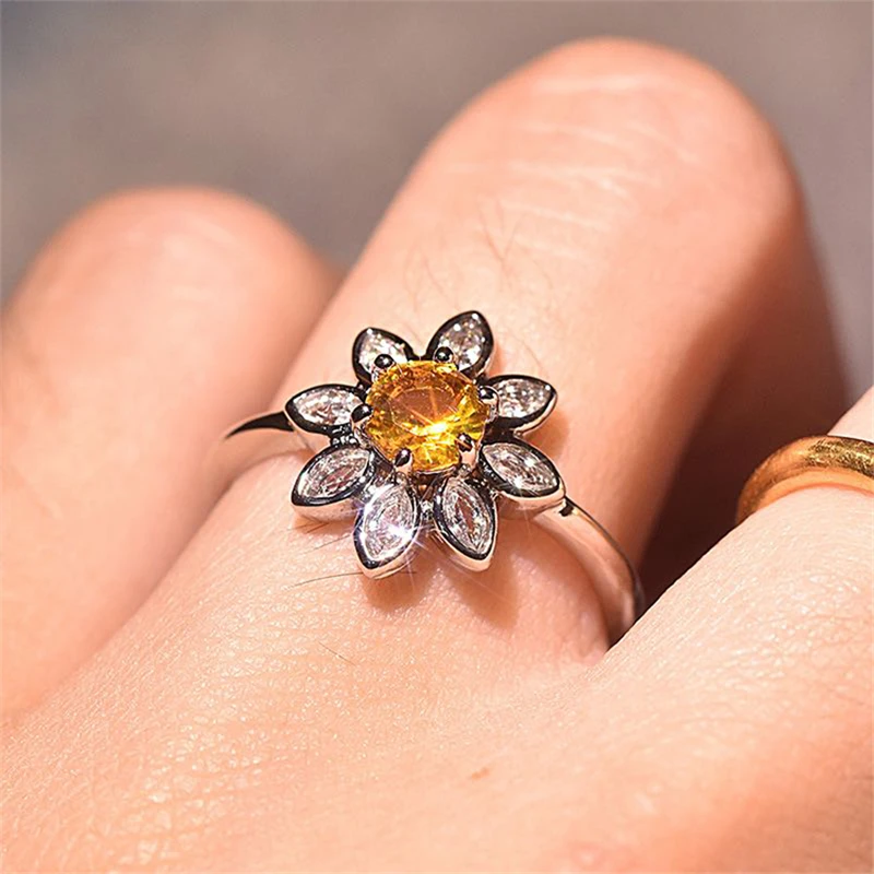 Luxury Retro Sunflowers Women Rings Jewelry Sliver Crystal Zircon Ring Ladies Wedding Engagement Fashion Party | Украшения и
