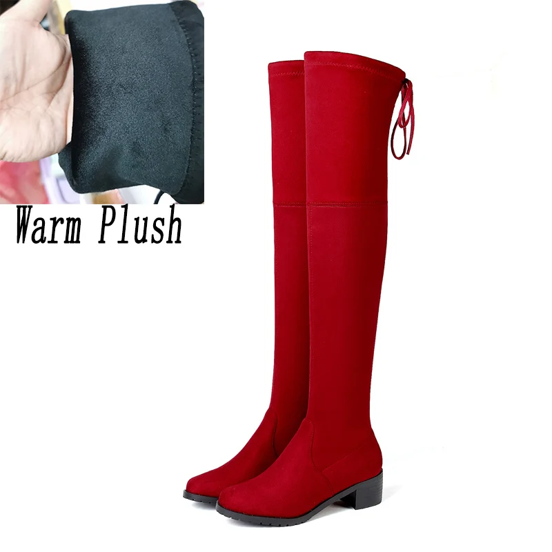 

2019 Women Red Russia Snow Boots Over The Knee Winter Low 4.5cm High Heels Thigh Suede Warm Long Boots Lady Chunky Combat Shoes