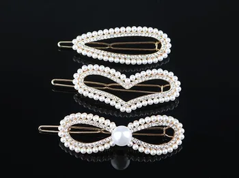 

Hot Korea Fashion Girls Hollow Metal Hairpins Pearls Bow Frog Hair Clip Geometric Shape alloy frog clip elegant Hairgrip Hair