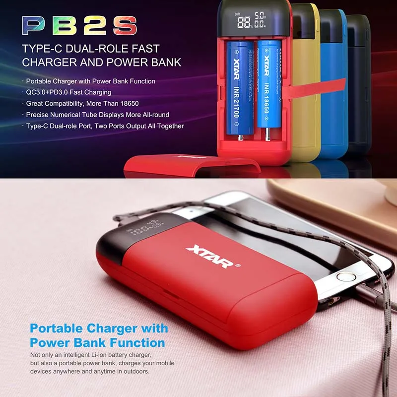 XTAR PB2S 18650 Батарея Зарядное устройство Мощность банк черный, красный синий ЖК-дисплей Li-Ion Батарея Зарядное устройство 18650 20700 21700 Батарея Зарядное устройство Мощность банка