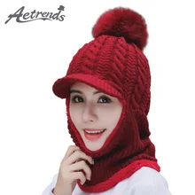 [AETRENDS] Зимняя Вязаная Шапка-бини с помпоном и капюшоном, теплый толстый шарф, шапка, набор для женщин и девочек, Z-10073