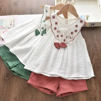 

2Y-7Y детские одежды Children Baby Girls' Cotton Linen Printed Sleeveless Top+Pure Color Shorts Set toddler girl outfits