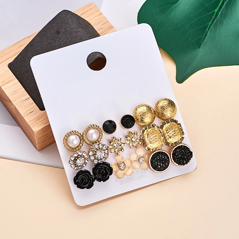 SHUANGR 9 шт./компл. с украшением в виде кристаллов и жемчугом в виде цветов и листьев, серьги со шпилькой, для Для женщин элегантные черные круглые серьги, женские серьги, ювелирные изделия