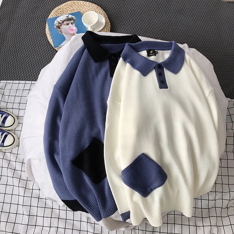 Autumn Polo Sweater Men Warm Fashion Contrast Casual Lapel Knit Sweter Man Clothes Streetwear Loose Long Sleeve Pullover Men Autumn Polo Sweater Men Warm Fashion Contrast Casual Lapel Knit Sweter Man Clothes Streetwear Loose Long Sleeve Pullover Men