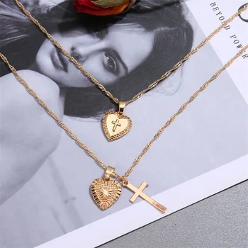 Vintage Gold Cross Heart Pendant Necklace for Women Bohemia Multilayer Geometric Jesus Cross Love Choker Necklace Jewelry Gi