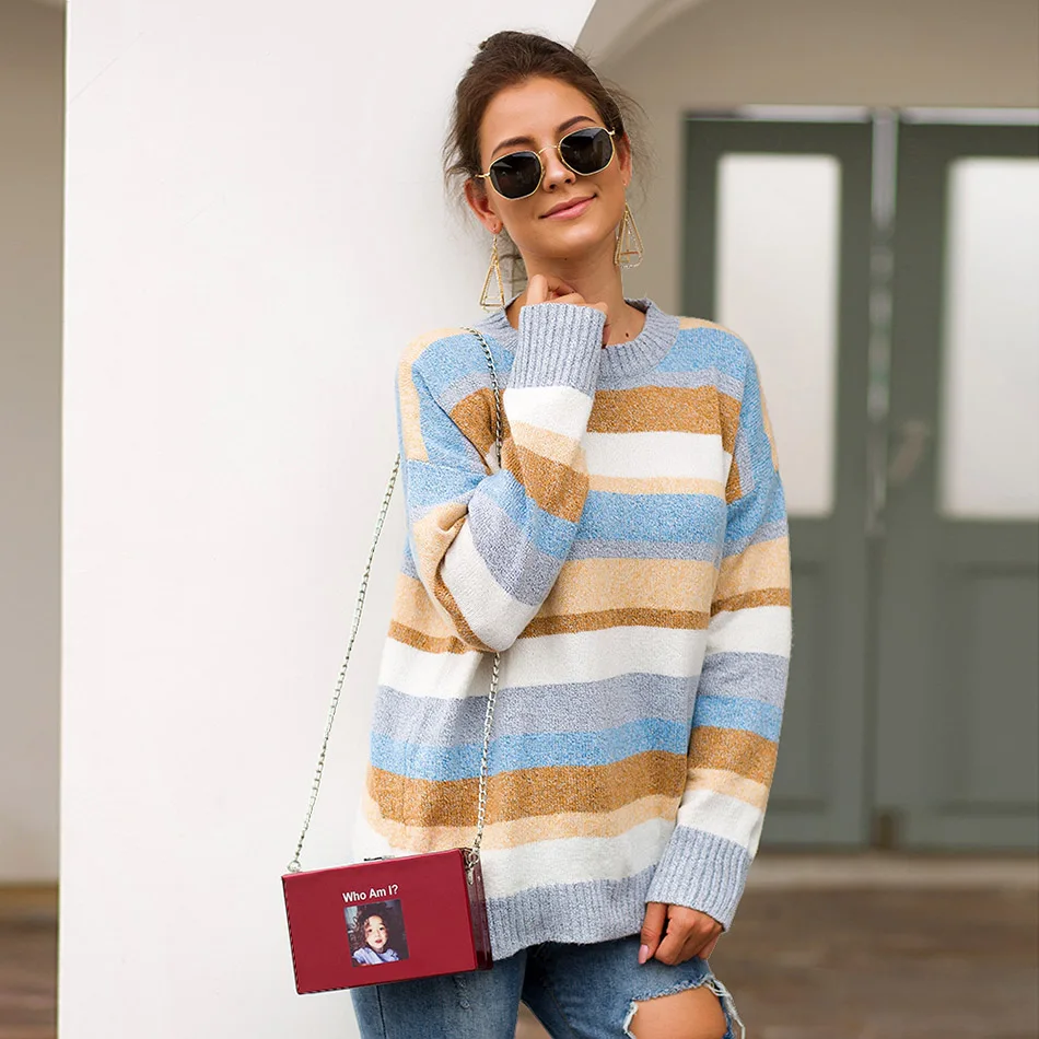 Модный Радужный полосатый свободный трикотажный свитер для женщин цветной с