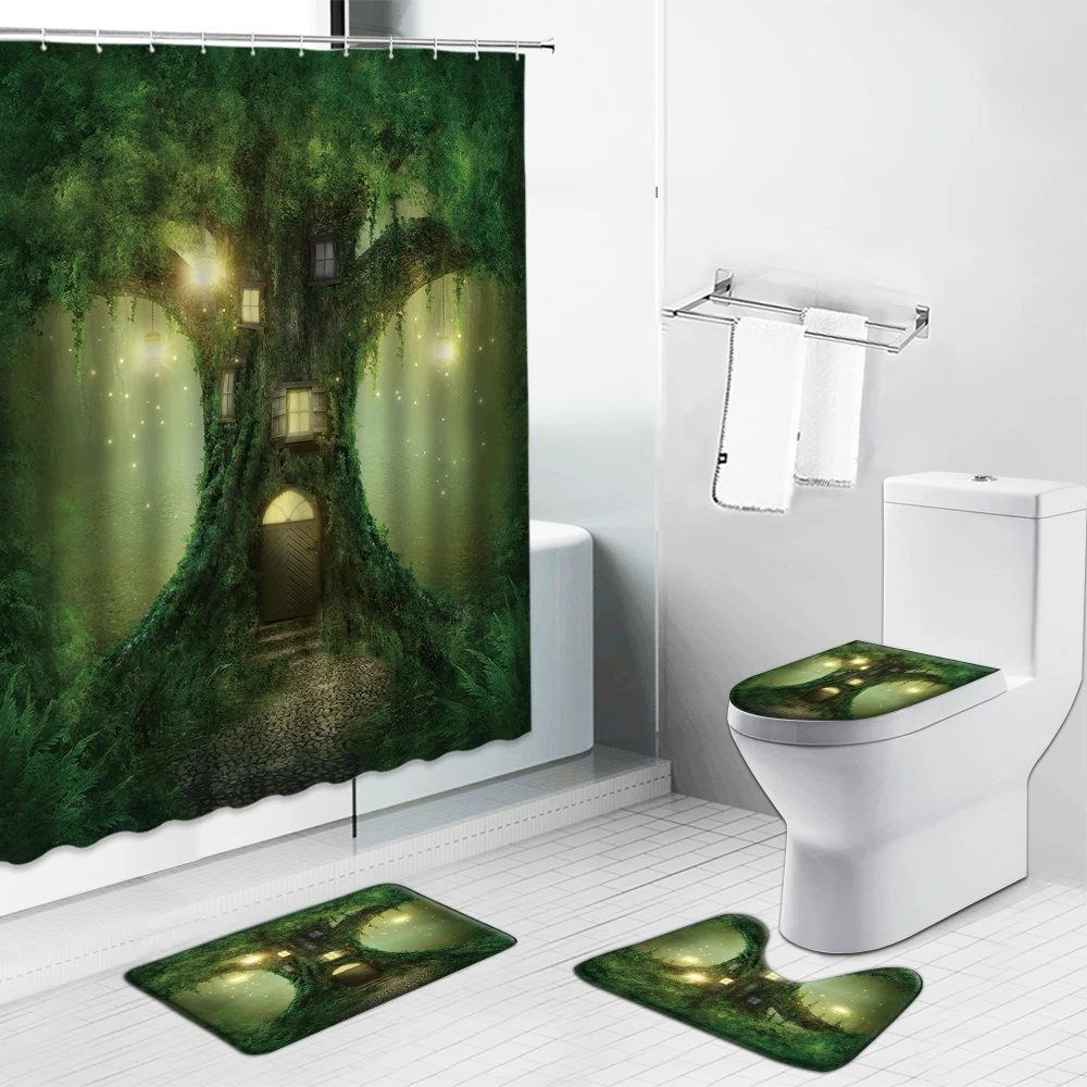 

Magic Tree Shower Curtains Set Elk Leopard Animal Dream Forest Landscape Bathroom Flannel Non-Slip Bath Mat Toilet Cover Carpet