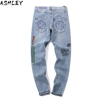 

Men Skinny New Jeans Skinny Slim Fit Stretchy Blue Jeans Cotton Lightweight Comfy Hip Hop Graffiti Hole