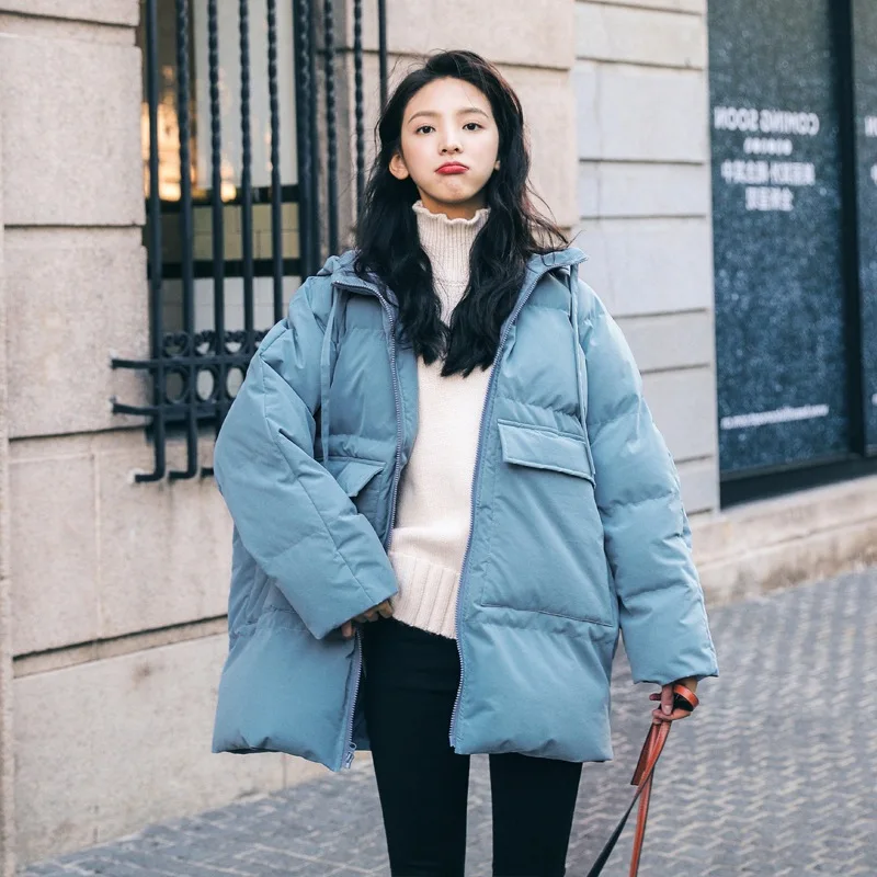 

Photo Shoot Main Push INS Sweet Greyish Blue Straight-Cut Short-height Drawstring Hooded Loose-Fit down Coat Women Coat