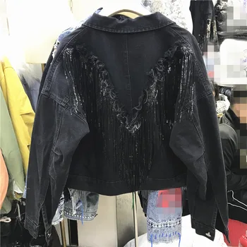 

2020 Spring Autumn New Fringed Sequined Denim Jacket Women's Loose-Fit Short Jean Jacket Womens Top Ropa Mujer Chaqueta