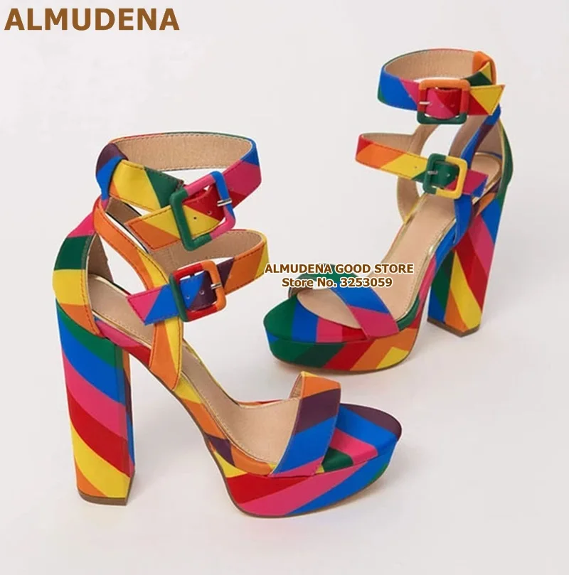 彩虹条粗跟水台双带扣凉鞋 (4)