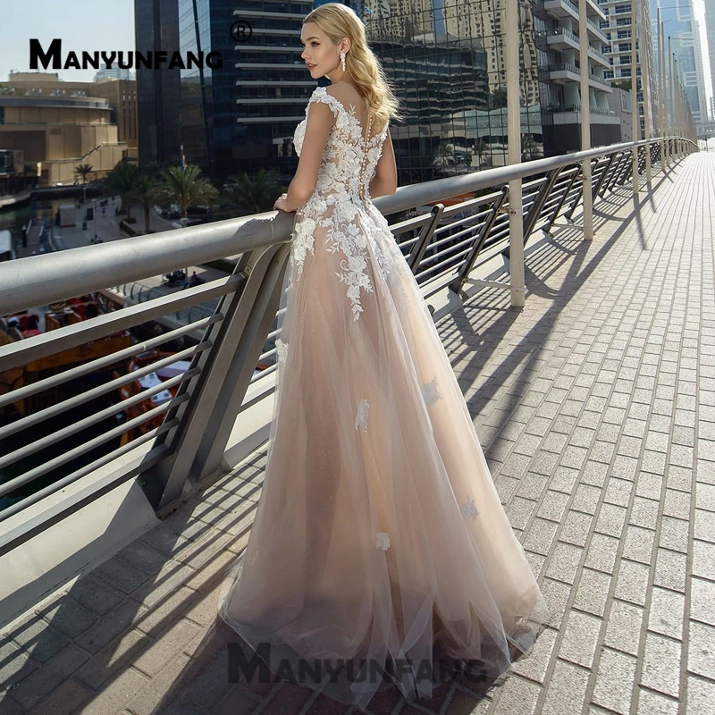 Bodas с кружевом и вышивкой Vestido De Novia хиппи жемчуг Бисер кнопки Бежевый свадебный наряд прозрачная кисея, тюль свадебное платье