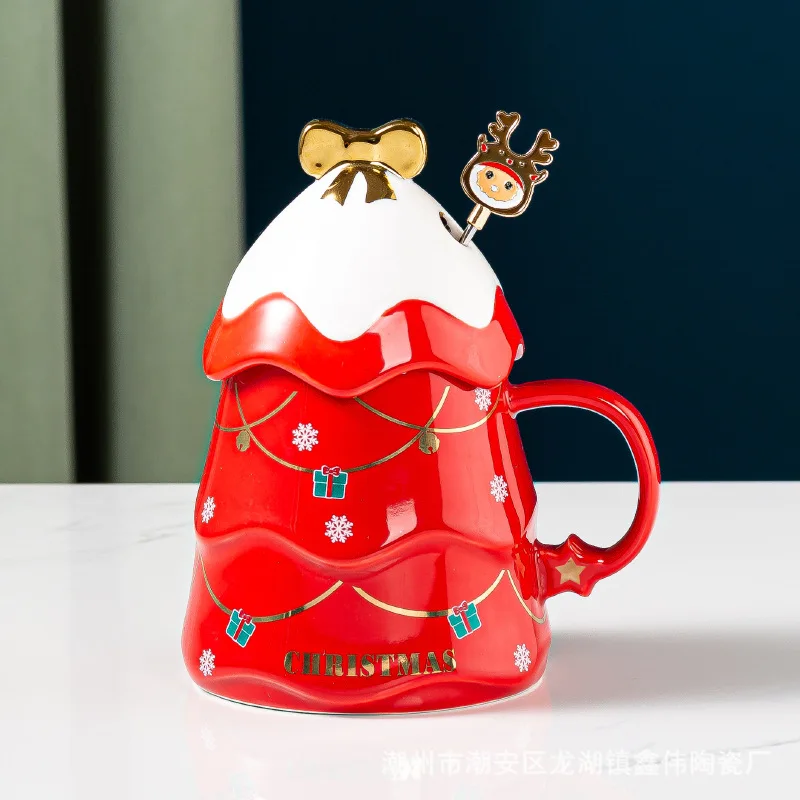 New Christmas Gift Ceramic Mug Creative Christmas Tree Mug With Lid Spoon Household Coffee Cup Milk Cup Water Cup Gift Set 500ml outdoor glassware Drinkware