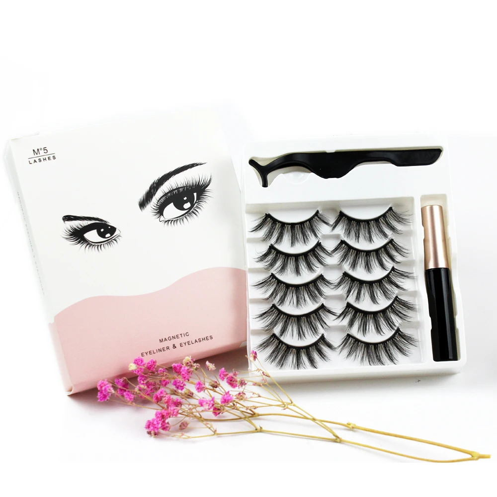 

Makeup 5 pairs of magnetic eyelashes + liquid eyeliner + tweezers, waterproof long lasting eyelash extension eyelash set