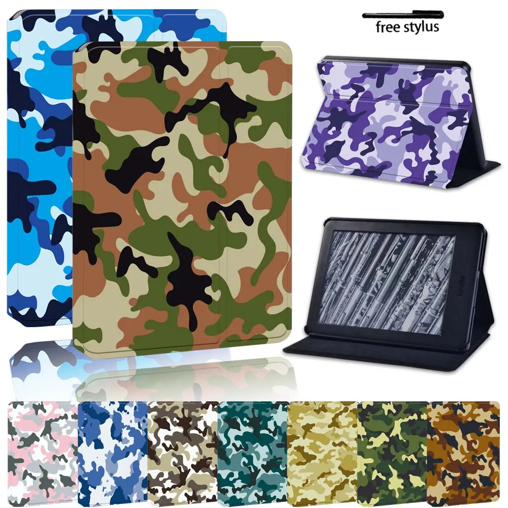 

For Amazon Kindle 8 / 10th Gen/ Paperwhite 1 / 2 / 3 / 4 Foldable Lightweight Tablet Camouflage Leather Stand Cover Case