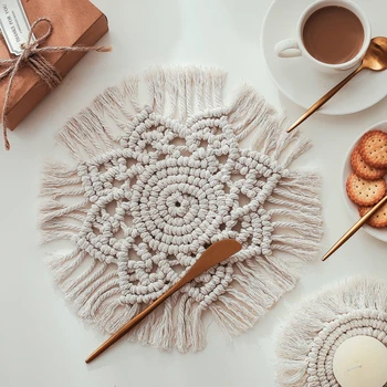 

Europe Macrame Cup Pad Bohemia Tablecloth Table Mat Pure Handmade Cotton Braid Non-slip Insulation Mats For Kitchen