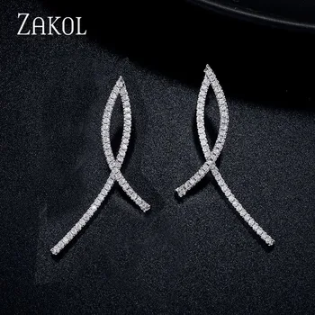 

ZAKOL European and American Simple Lines Cross Long Stud with Cubic Zirconia Female Star Temperament Two Ears Jewelry FSEP2560