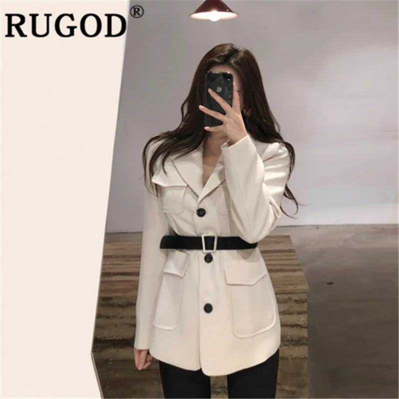 

RUGOD Women solid elegant blazers notched slim with belt single breasted korean coat 2019 new autumn fashion female modis blazer