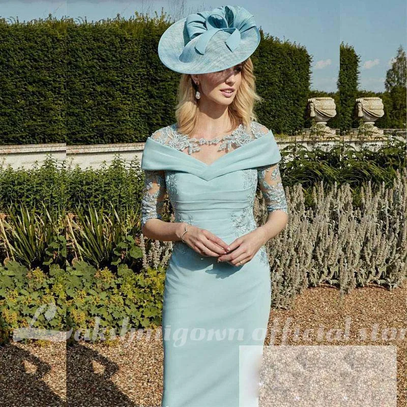 

Sheath Knee Length Mother of the Bridal Dresses Jewel Neck Half Sleeve Lace Appliques Wedding Guest Party Dresses