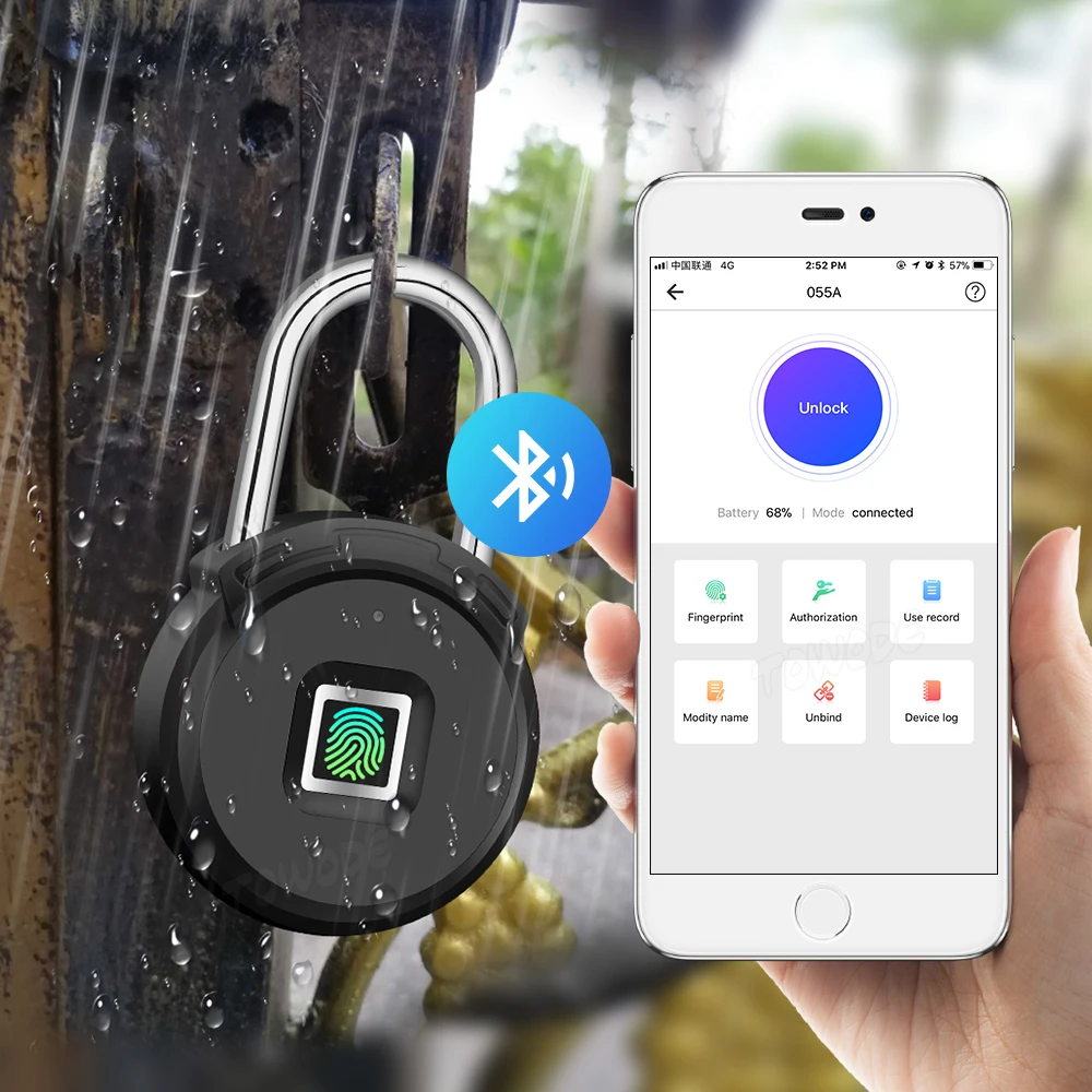 TOWODE Bluetooth Fingerprint Unlock Door Padlock Portable Smart Home Waterproof Keyless Lock USB APP Control Android IOS Phone