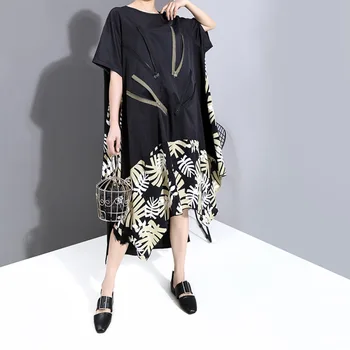 

Summer Black Zipper Patchwork Patten Printe Irregular Dress Street Style Casual Loose O Neck Half Sleeve Midi Dress Big Size