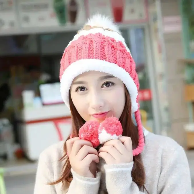 

Korean-style Sweet Cute 3 Ball Crimping Wool Cap Fresh Color Mixture plus Velvet Knitted Hat Versatile Earmuff Aircraft Cap